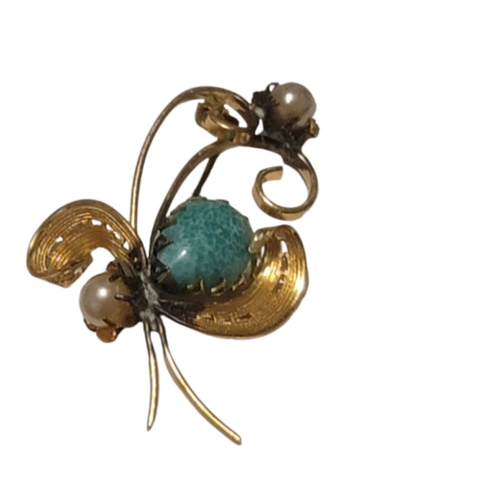 West Germany Teal Glass Brooch Gold Tone Faux Pearl Vintage Costume Jewel